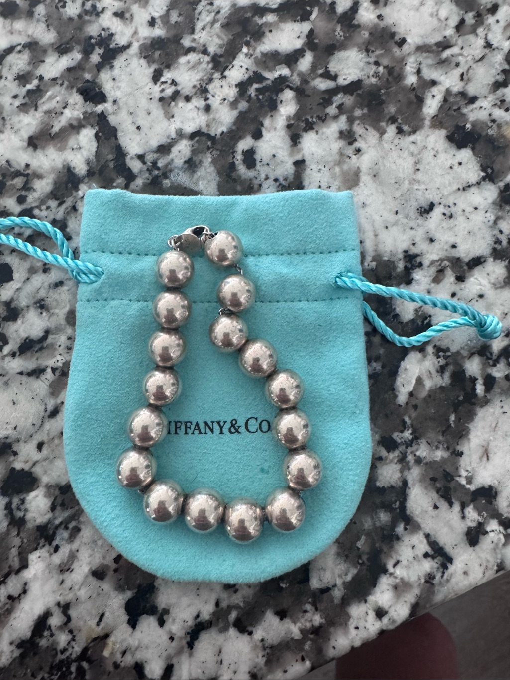 Tiffany & Co. Silver Bead Bracelet On Signature Blue Pouch